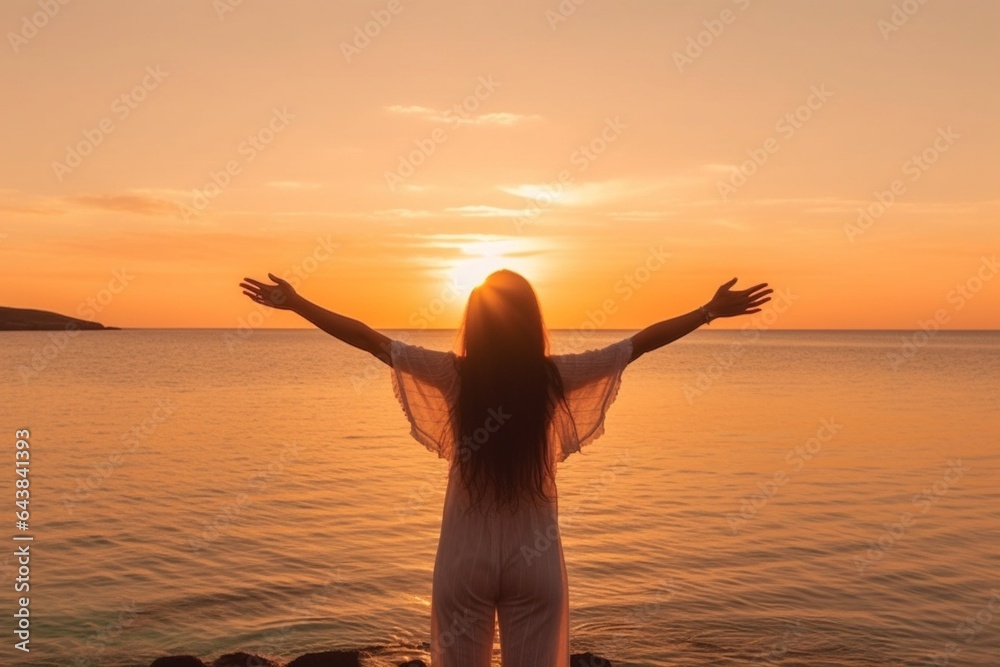 Generative AI : happy young woman open her arms to the sky and sea at sunset and enjoying life