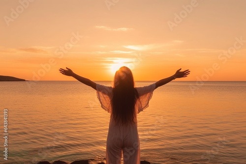 Generative AI : happy young woman open her arms to the sky and sea at sunset and enjoying life © AI Images