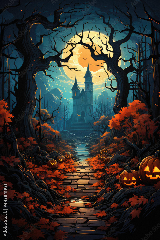 Happy Halloween background spooky scene, creepy dark night with moon, pumpkins and spooky trees on graveyard ghosts horror gothic evil cemetery landscape. Mysterious night moonlight backdrop.