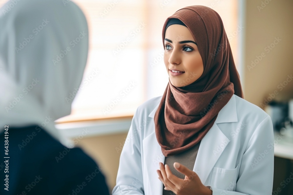 Generative AI : Islamic woman doctor in traditional religious hijab consulting a patient on phone talking with smartphone and smiling - obrazy, fototapety, plakaty 