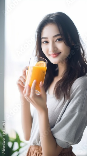 Generative AI : beautiful young woman full of life with orange juice
