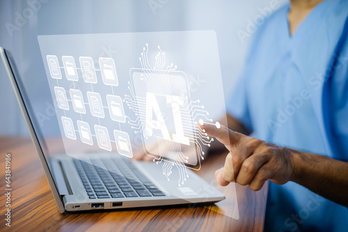 Obraz na płótnie Doctor using technology AI in treatment and AI management digital document data in hospital system. Doctor AI, artificial intelligence in modern medical technology and IOT automation. Doctor using AI w salonie