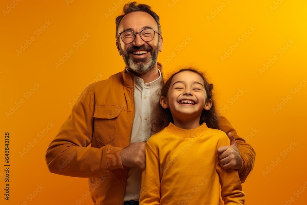 Generative AI : happy fathers day funny dad and daughter with mustache fooling around on colored yellow background