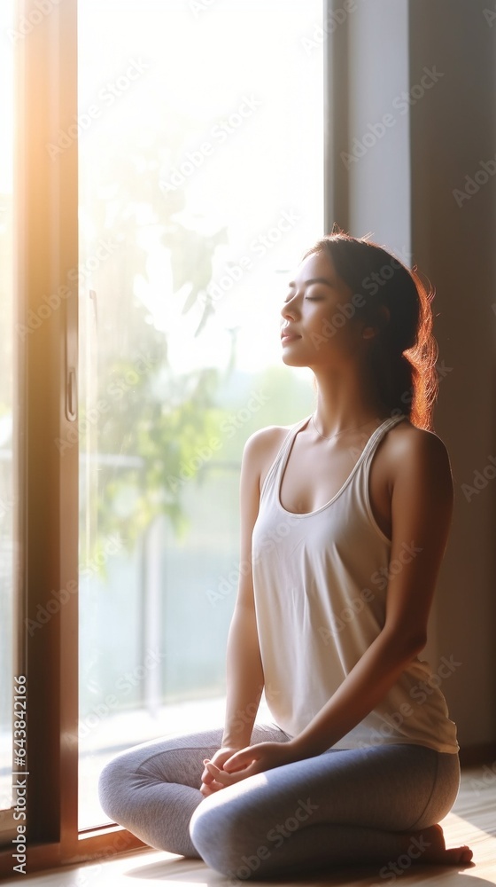 Generative AI : young woman practices yoga at gym by the window Generative AI : young woman practices yoga at gym by the window