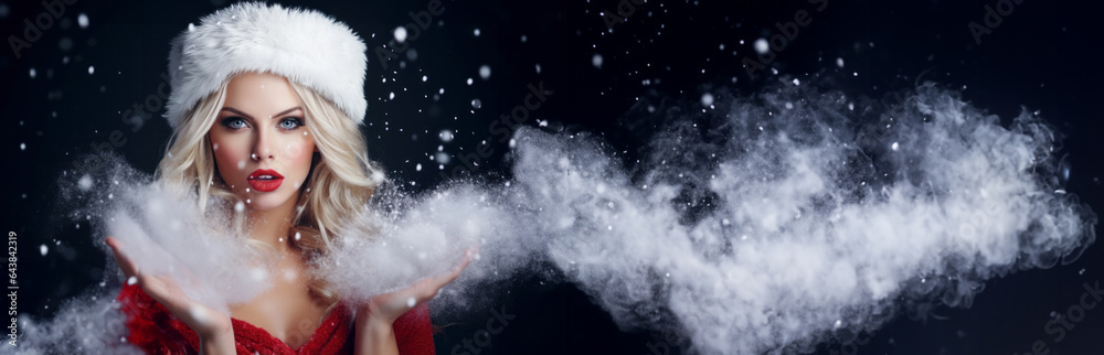 Christmas banner. Falling snow effect background. Beautiful Santa woman