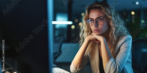 Generative AI : unhappy tired young business woman in stress at home office working on computer