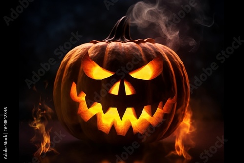 Generative AI : spooky halloween background scary pumpkin with burning eyes and smiles in the night