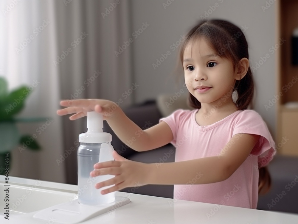 Generative AI : Concept of preventing a coronavirus covid19 and viral infections Mother treats hands for her daughter schoolgirl with a sanitizer before school Generative AI : Concept of preventing a coronavirus covid19 and viral infections Mother treats hands for her daughter schoolgirl with a sanitizer before school