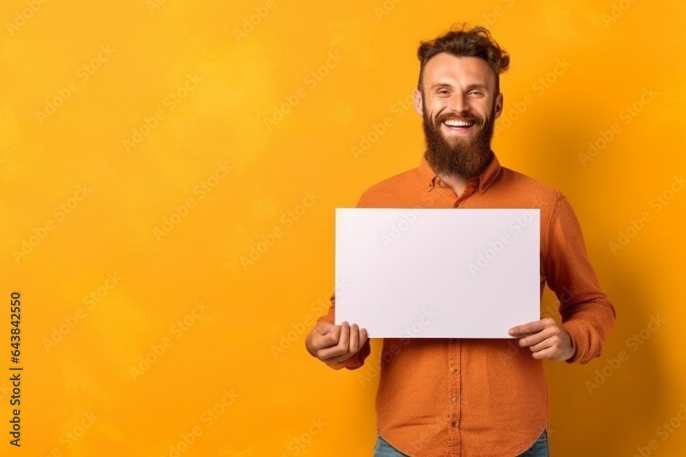 Generative AI : Happy bearded guy smiling and holding blank speech balloon near head against yellow background Generative AI : Happy bearded guy smiling and holding blank speech balloon near head against yellow background