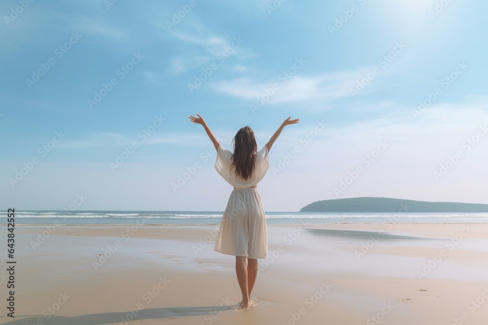 Generative AI : Happy woman standing arms outstretched back and enjoy life on the beach at Sea Generative AI : Happy woman standing arms outstretched back and enjoy life on the beach at Sea