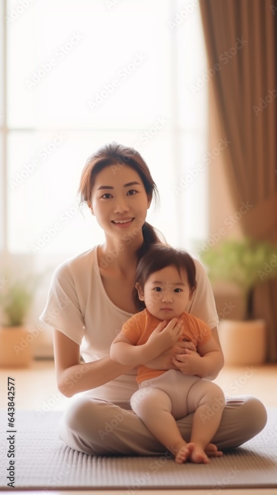 Generative AI : Happy young woman with little daughter both wearing similar outfits sitting in asana on floor in living room smiling away Generative AI : Happy young woman with little daughter both wearing similar outfits sitting in asana on floor in living room smiling away