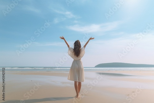 Generative AI : Happy woman standing arms outstretched back and enjoy life on the beach at Sea