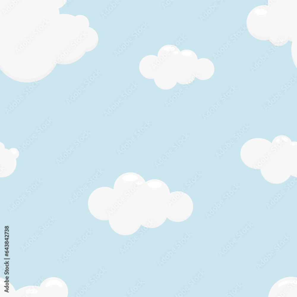 Cartoon pattern icon of white and blue clouds. Cloudy landscape. A weather symbol in clouds in a blue sky. Vector illustration of a cloud panorama. Flat style.