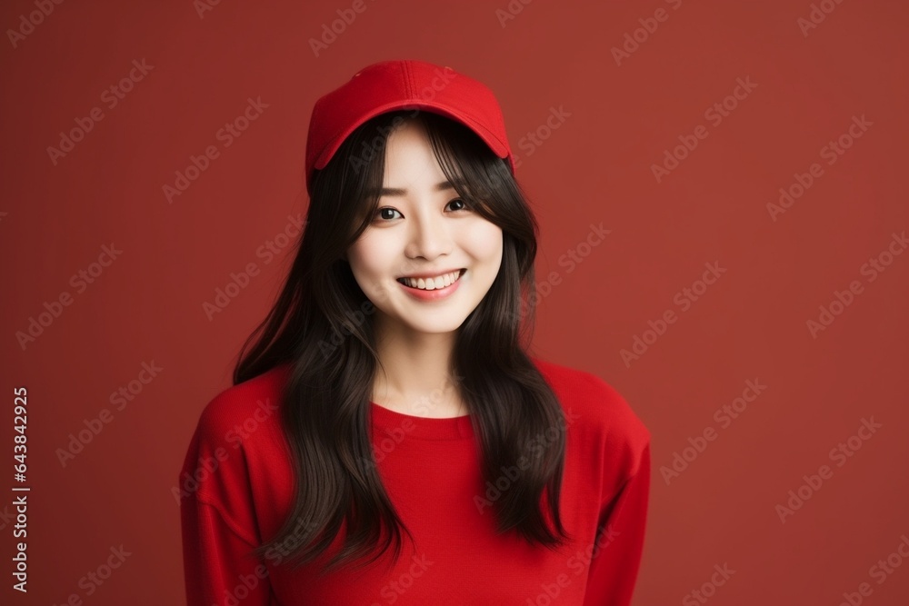 Generative AI : Happy young woman laughs and pulling trendy knitted hat on eyes against red background Generative AI : Happy young woman laughs and pulling trendy knitted hat on eyes against red background