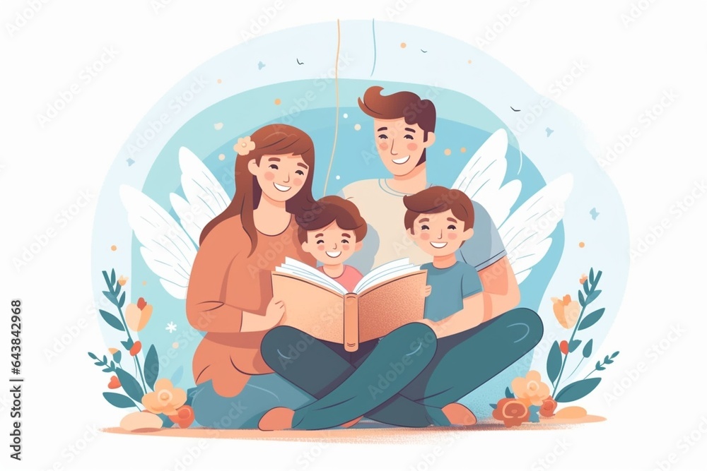 Generative AI : happy family mother father and father child daughter read a book a fairy tale in bed Generative AI : happy family mother father and father child daughter read a book a fairy tale in bed