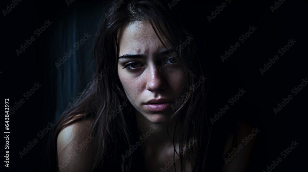 Generative AI : sad woman in depression and despair crying on black dark background Generative AI : sad woman in depression and despair crying on black dark background