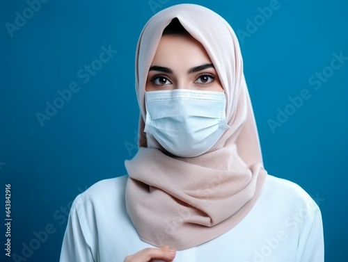Generative AI : beautiful young woman in a protective medical mask and yellow sweater shows that everything will be fine against a blue background in the midst of the coronavirus pandemic