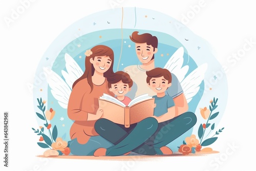 Generative AI : happy family mother father and father child daughter read a book a fairy tale in bed