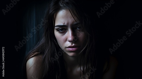 Generative AI : sad woman in depression and despair crying on black dark background