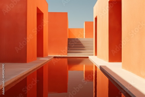 Minimalistic modern architecture with sleek orange walls that exude sophistication. A reflective pool of water enhances the contemporary aesthetic  creating a serene and visually striking composition