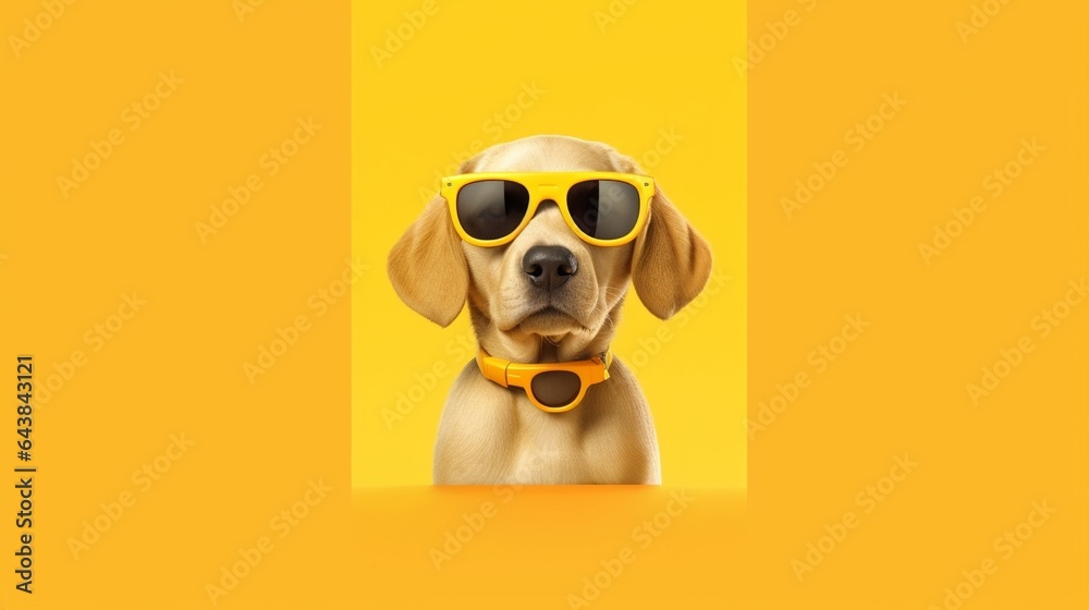 Generative AI : Close up of cute muzzle of Golden Retriever puppy in green shiny glasses in form of Christmas trees posing against yellow studio wall with copy space for text Winter holidays concept