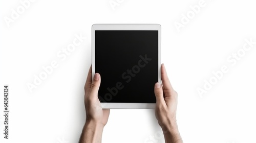 Generative AI : white tablet with a blank empty screen in the hands