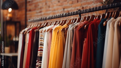 Row of different female clothes in retail store, warm sweater for fall-winter season