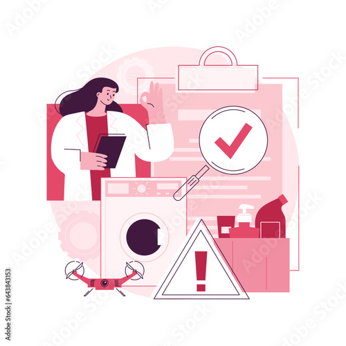 Product safety control abstract concept vector illustration. Manufacturing equipment, product testing and inspection job, protection sign, information label, laboratory check abstract metaphor.