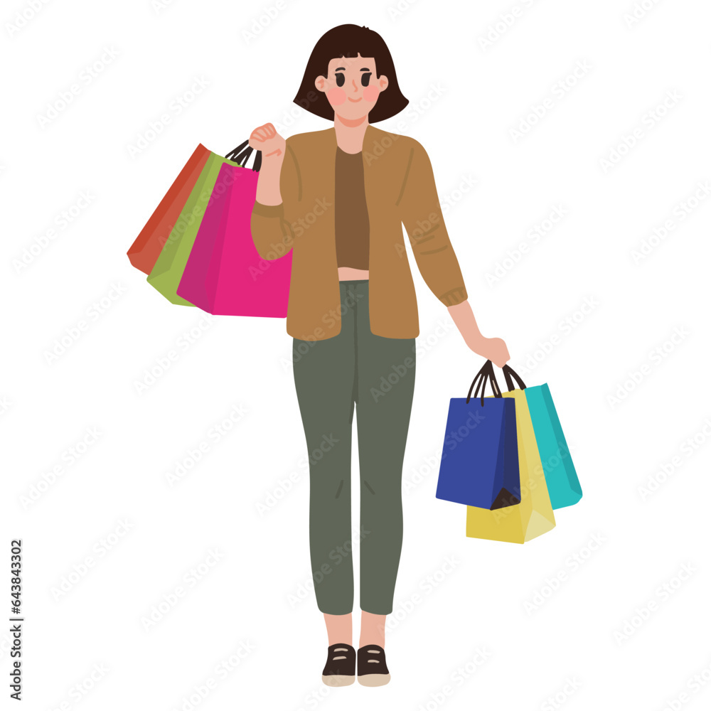 Cute young happy woman shopahollic mental health bringing too much paper shopping bag vector illustration