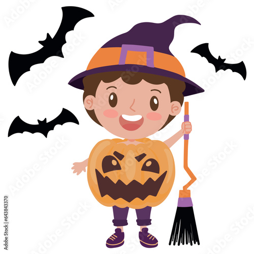 Cute little boy wearing pumpkin costume and witch hat bringing broom for halloween party illustration