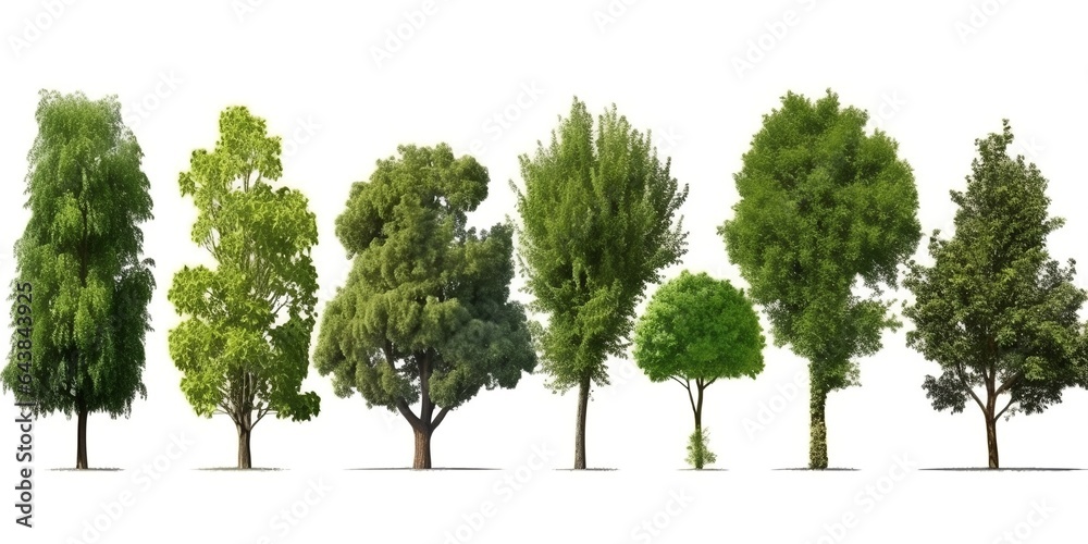 Fototapeta premium Green trees collection on white background, generative ai.