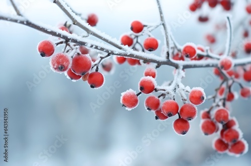 Branch with red berries frozen, generative ai. © inspiretta