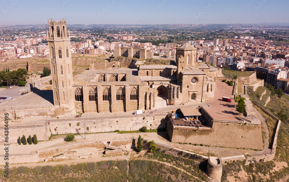 Aerial view of cityscape of Lleida and main historical monument - Old Gothic Cathedral, Catalonia, Spain..
