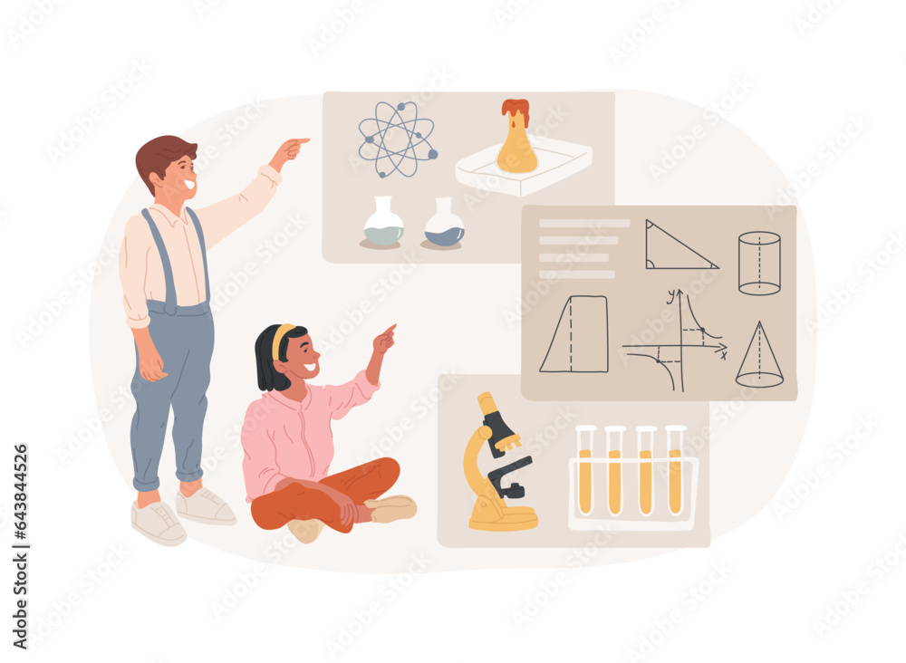 STEM education isolated concept vector illustration. STEM integration, engineering for kids, learning programming process, technology class, chemical experiment, smart children vector concept.