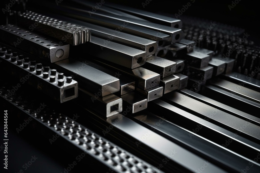 Steel components gleaming on a dark surface, showcasing a typical pattern of industrial metal production. Generative AI