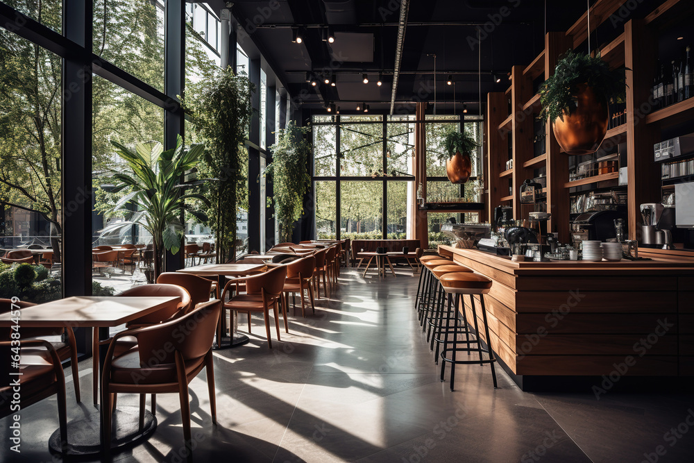 Modern empty coffee shop, trendy interior design with wood and greenery