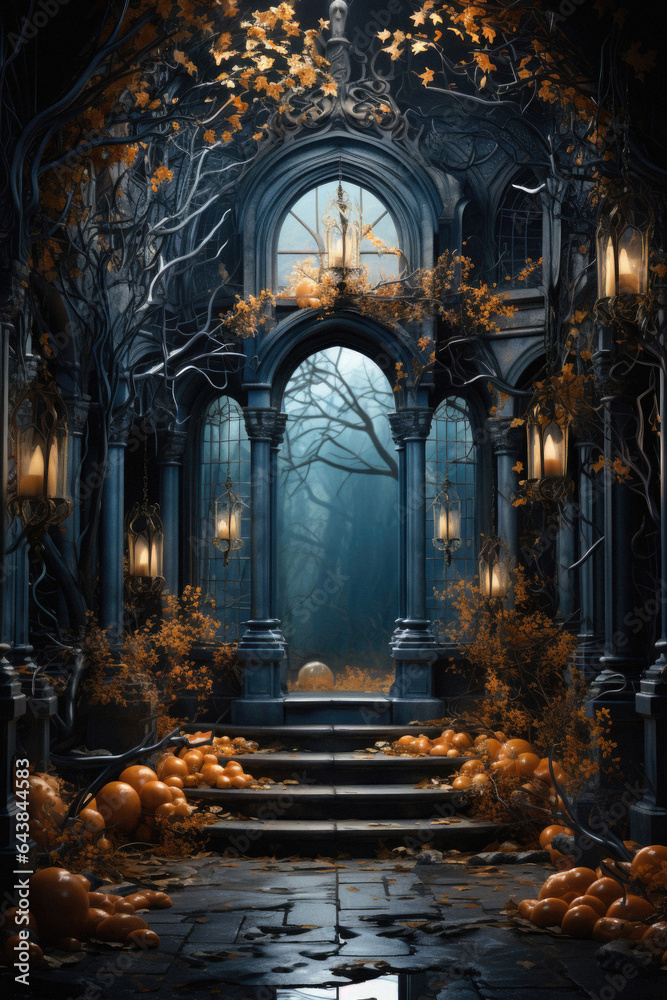 Fototapeta premium Halloween spooky background, scary pumpkins in old big creepy Happy Haloween ghosts horror house evil haunted castle scene. Creepy dark gothic mysterious night dark backdrop concept.