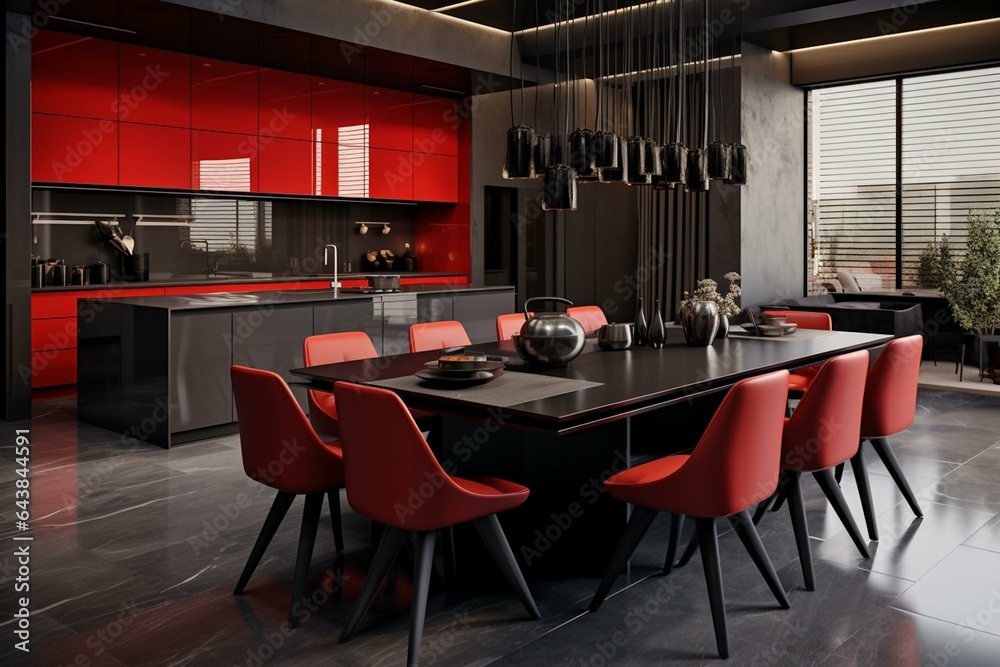 Luxurious black and red kitchen with a meeting area, modern dining room, black square table, and red chairs. Generative AI