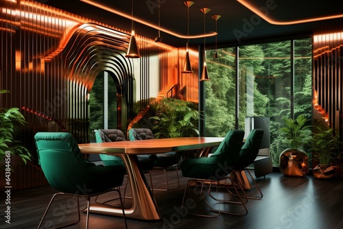 Stylish interior with glossy walls, vibrant copper, and green neon lights. Generative AI