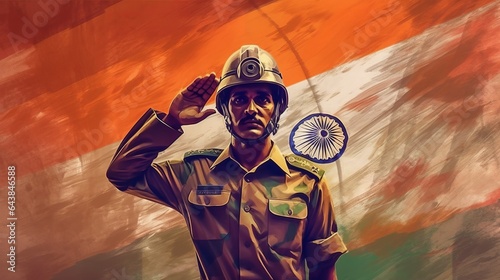 Indian soldier saluting with Indian flag in background, Generative ai photo