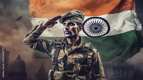 Indian soldier saluting with Indian flag in background, Generative ai photo