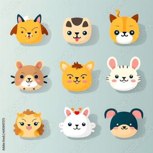 Set of animal faces, face emojis, stickers, emoticons,cartoon funny mascot characters face set