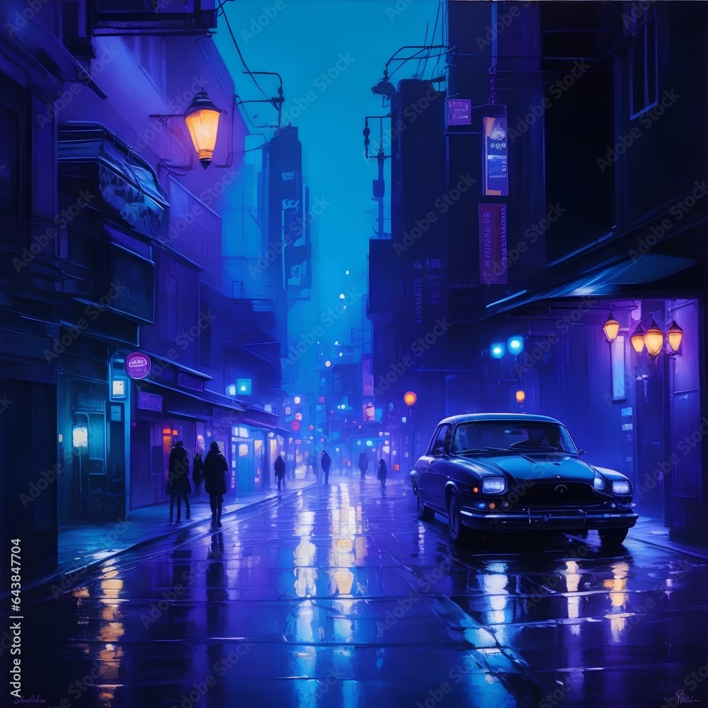 Midnight Splendor: A Vibrant Street Scene in Oil Painting.