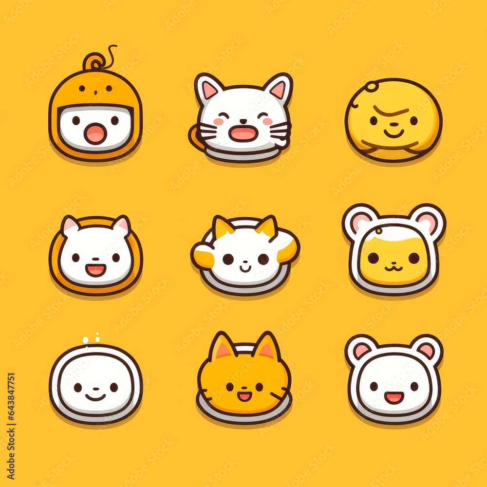 Set of animal faces, face emojis, stickers, emoticons,cartoon funny mascot characters face set Set of animal faces, face emojis, stickers, emoticons,cartoon funny mascot characters face set