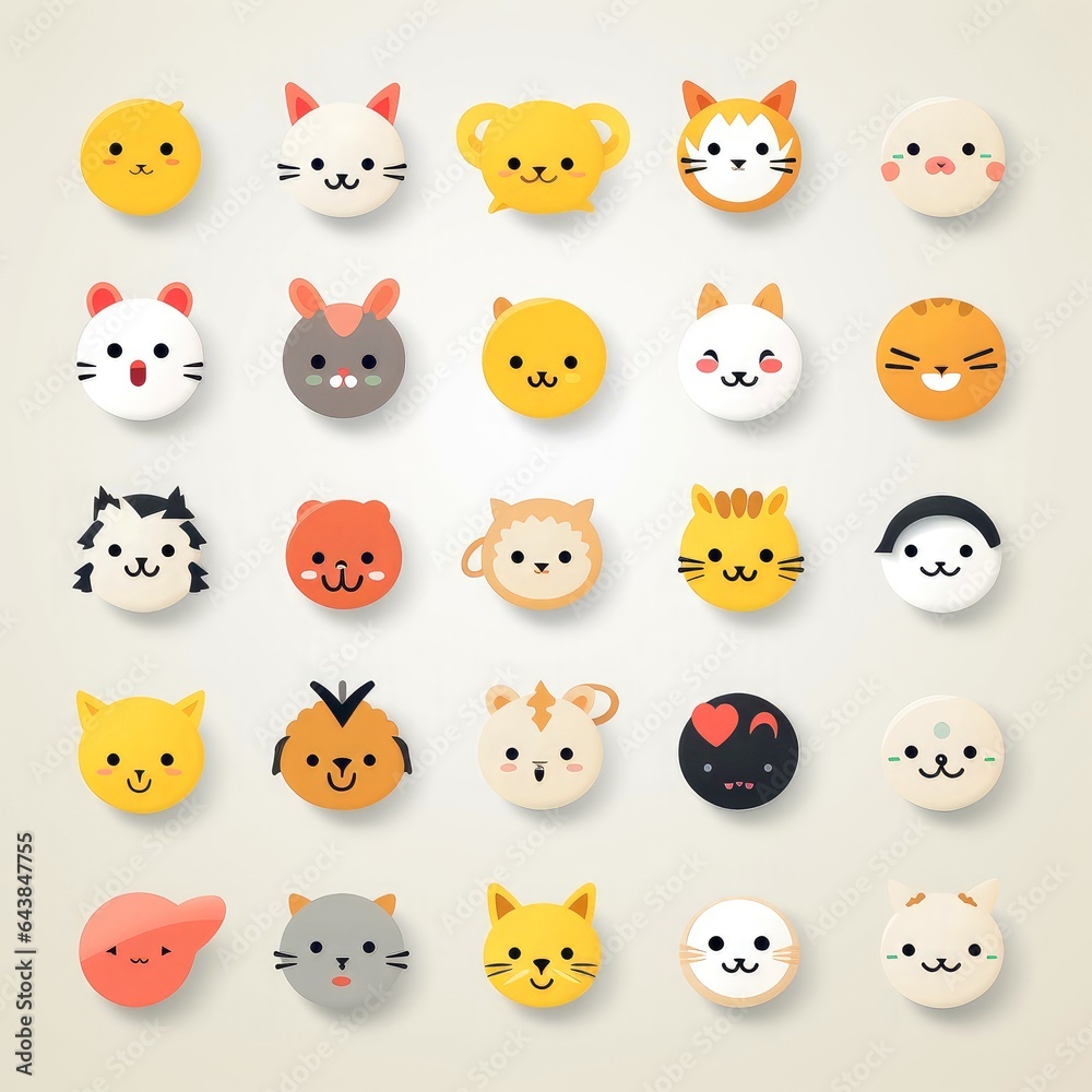 Fototapeta premium Set of animal faces, face emojis, stickers, emoticons,cartoon funny mascot characters face set