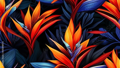 Exotic tropical flowers bird of paradise  strelitzia  red color blue palm leaves dark night jungle background
