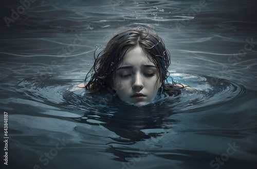 portrait of a Beautiful young woman in the dark water, the concept of 'Drowning Metaphor' as a representation of depression, Illustrates a person submerged in water, struggling to reach the surface photo