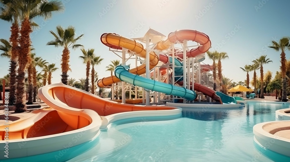 background Empty water park with slides and pools
