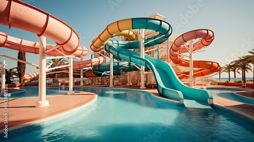 background Empty water park with slides and pools 