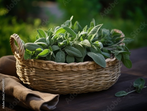 Aromatic Sage Herbs Photorealistic Horizontal Illustration. Healthy Vegetarian Diet. Ai Generated bright Illustration in Nature Background. Aromatic Sage Herbs.